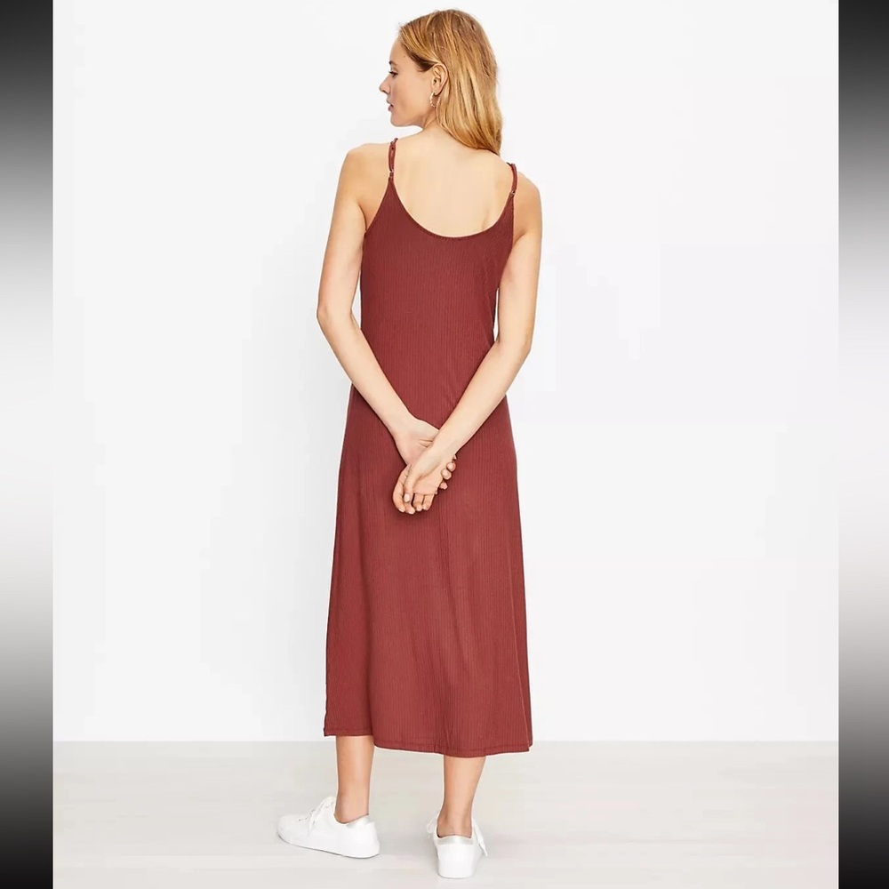 LOFT Maroon Ribbed Maxi Dress Button Front Midi Sleeveless Sundress Large - Picture 3 of 8
